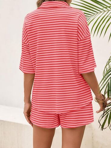 Tankaneo Womens Striped 2 Piece Sets Short Sleeve Button Down Shirt and Shorts Waffle Knit Pajama Lounge Set Summer Outfits in Saudi Arabia