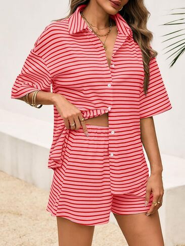 Tankaneo Womens Striped 2 Piece Sets Short Sleeve Button Down Shirt and Shorts Waffle Knit Pajama Lounge Set Summer Outfits in Saudi Arabia