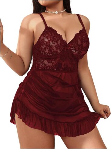 Soly Hux Women's Plus Lingerie Set Lace Mesh Cheer Shuffle Mini Dress Babydoll Chemise مع سراويل داخلية in Kuwait