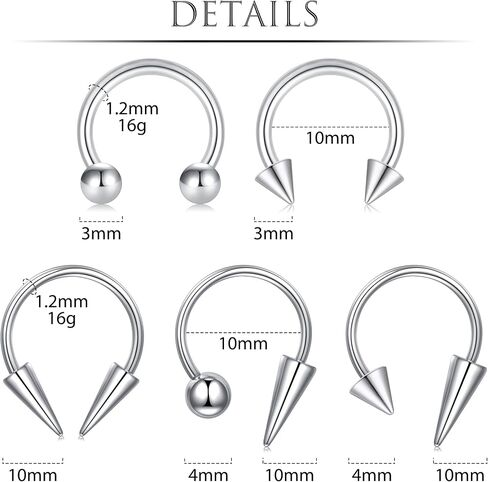 Zolure 16g Lip Rings Horseshoe Labret Jewelry Monroe Lip Barbell Ring Spike Snake Bite Piercing Jewelry Tragus Helix Earrings Studs Medusa Piercing for Women Men in Saudi Arabia
