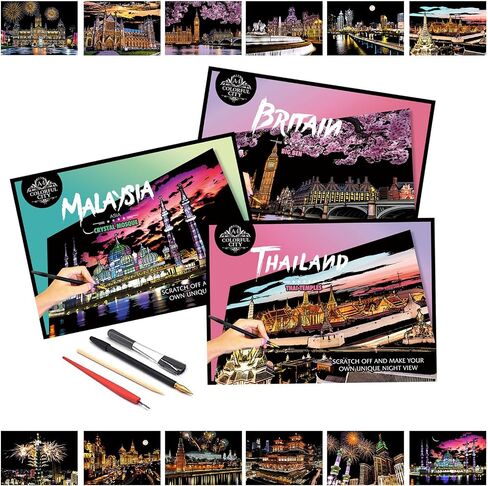 مجموعة فنون خدش Iskueal مجموعة للبالغين - 8 أوراق A4 Rainbow Scratch Paper ، Night Scene Engraving Art Art Art Creative Craft Art For Husts (Landmark/City الشهيرة) in Kuwait