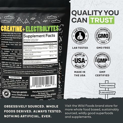 Wild Foods Creatine & Electrolytes Powder Packets, Dragonfruit, 20 Hydration Packets (9.5 g/serv.), with Magnesium Glycinate, Malate, Pink Salt, Pre-Workout Muscle Performance & Electrolyte Support in Kuwait