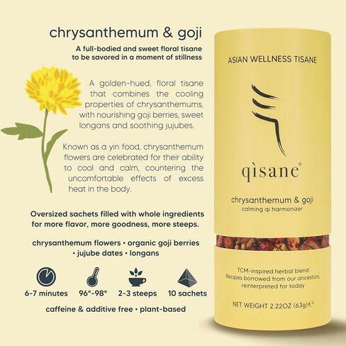 qìsane Chrysanthemum Tea Bags with Organic Dried Goji Berries - Dried Chrysanthemum Flowers, Dried Longan Fruit & Jujube Dates - Herbal Tea to Support Calmness & Well-Being - 10 sachets (~30 cups) in Saudi Arabia