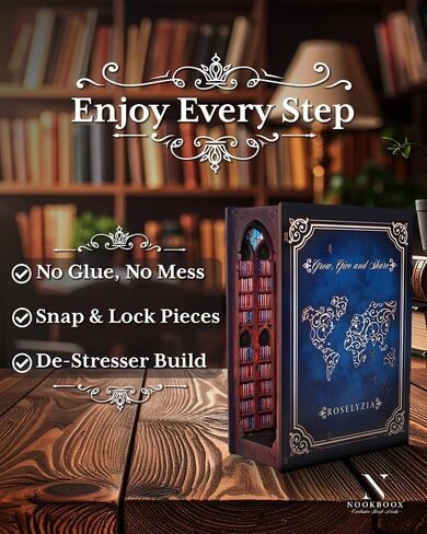 Book Nook DIY Kit - Nokboox 3D Wooden Diorama Miniature Library Bookend Insert with LED LID - Decorfles Decor Gift للبالغين والمراهقين - Navy Blue in Kuwait
