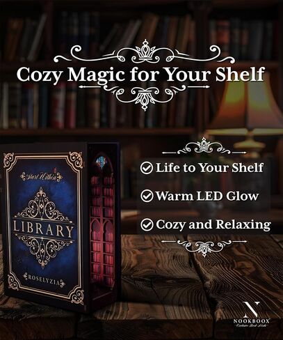 Book Nook DIY Kit - Nokboox 3D Wooden Diorama Miniature Library Bookend Insert with LED LID - Decorfles Decor Gift للبالغين والمراهقين - Navy Blue in Kuwait