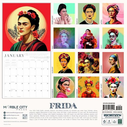 Frida Kahlo Calendar 2025 | Art Portraits Wall Calendar | 12" x 24" | Marble City Press | Hand-Drawn Mexican Folk Art Portraits with Real Quotes from Frida in Spanish and English in Saudi Arabia