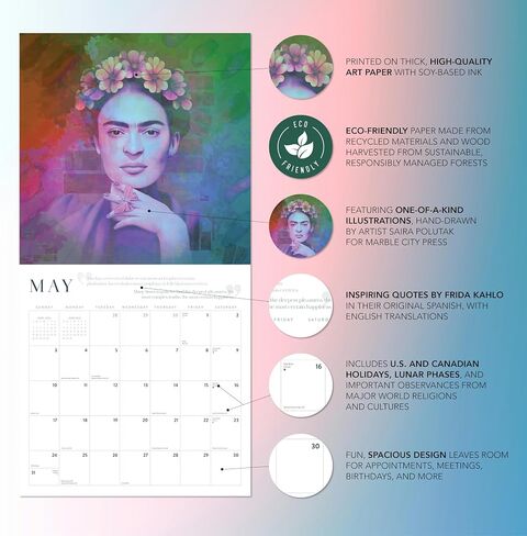 Frida Kahlo Calendar 2025 | Art Portraits Wall Calendar | 12" x 24" | Marble City Press | Hand-Drawn Mexican Folk Art Portraits with Real Quotes from Frida in Spanish and English in Saudi Arabia