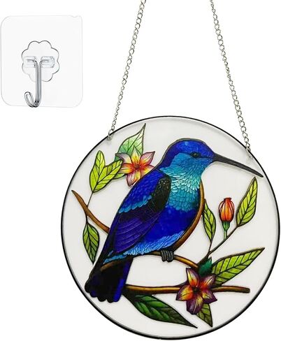 Stained Glass Window Hanging Bird Hand-Painted Stain Acrylic Panel Window Hanging Decor Gift for Women Mother's Day Christmas (15CM-Sparrow Bird) in Kuwait