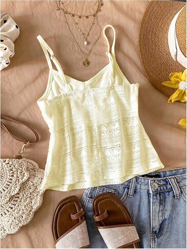 Girl's Boho Bowknot Hollow Out Camisole Tops Spaghetti Strap V Neck Babydoll Crop Top in Saudi Arabia