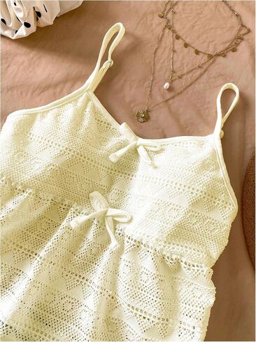 Girl's Boho Bowknot Hollow Out Camisole Tops Spaghetti Strap V Neck Babydoll Crop Top in Saudi Arabia