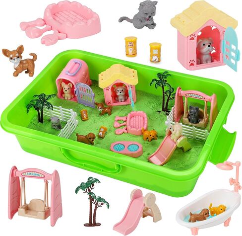 Mathea Sensory Bin for Toddlers Kids Sand Play Kit ، 2.2 رطل من الرمال مع شخصيات قطة الحيوانات الأليفة ، ألعاب شاطئية تظاهر ألعاب اللعب للفتيات الفتيان الذين تتراوح أعمارهم بين 3 4 5 6 in Kuwait