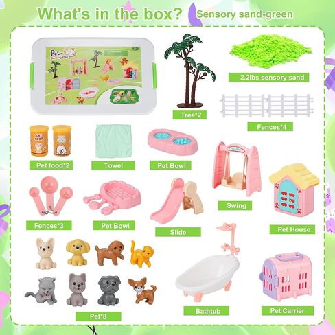 Mathea Sensory Bin for Toddlers Kids Sand Play Kit ، 2.2 رطل من الرمال مع شخصيات قطة الحيوانات الأليفة ، ألعاب شاطئية تظاهر ألعاب اللعب للفتيات الفتيان الذين تتراوح أعمارهم بين 3 4 5 6 in Kuwait