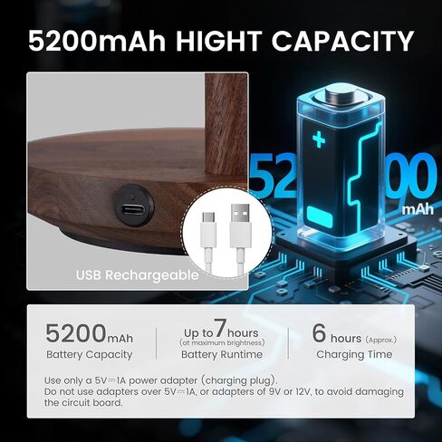 Moon Lamp for Bedroom, 5200mAh Rechargeable Wooden Desk Lamp with Touch Control & Adjustable Brightness, Creative Cordless Lamp, Decorative Bedside Lighting for Living Room & Gift in Saudi Arabia