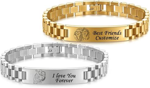 Custom Picture Bracelet Personalized Photo Couple Bracelets for Him&Her-Sketch Text Engravable ID Link Chain Cubic Zirconia Wristband Customize for Men Women BF and GF Strap Style in Saudi Arabia