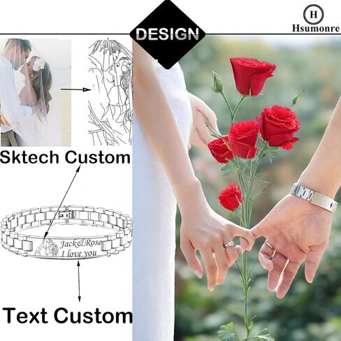 Custom Picture Bracelet Personalized Photo Couple Bracelets for Him&Her-Sketch Text Engravable ID Link Chain Cubic Zirconia Wristband Customize for Men Women BF and GF Strap Style in Saudi Arabia