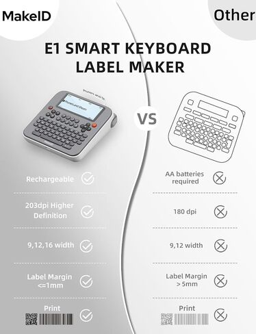 Makeid E1 Label Maker - آلة صانع الملصقات القابلة لإعادة الشحن بلوتوث - لوحة مفاتيح Qwerty ، 3.4 "شاشة LCD الخلفية - طباعة 9 ~ 16 مم - المنظمة المنزلية والمكتب in Kuwait