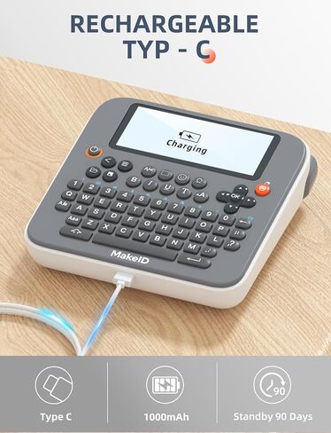 Makeid E1 Label Maker - آلة صانع الملصقات القابلة لإعادة الشحن بلوتوث - لوحة مفاتيح Qwerty ، 3.4 "شاشة LCD الخلفية - طباعة 9 ~ 16 مم - المنظمة المنزلية والمكتب in Kuwait