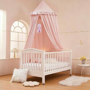 Akiky Kids Bed Canopy for Crib & Twin Size with Ruffles Dreamcatcher, Princess Girls Nursery Room Decor Toddler Baby Dome Round Hanging Tent Curtains Skirt Over Bed Reading Nook Play Tents Pink in Saudi Arabia