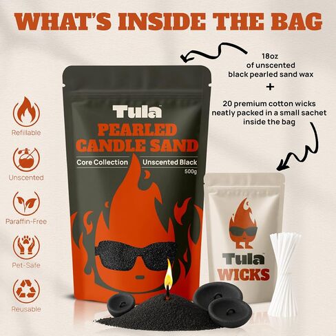 Tula Pearled Candle – 18 oz Pearled Candles Sand and Wicks Kit – Plant-Based Pearled Wax – No Paraffin and Pet-Friendly – Unscented Refillable Candle Pearls - 20 wicks – Long-Lasting White Sand Refill in Saudi Arabia