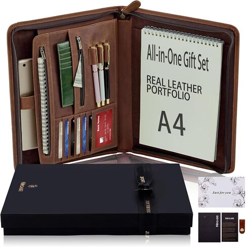 Genuine Leather Portfolio Gift Set with Zipper-13x10 in Complete Business Document Organizer for Meetings & Interviews, for A4 & iPad, with Gift Box & Handwritten Card & Leather Cable Ties(Brown) in Saudi Arabia