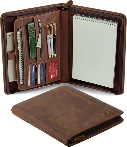 Genuine Leather Portfolio Gift Set with Zipper-13x10 in Complete Business Document Organizer for Meetings & Interviews, for A4 & iPad, with Gift Box & Handwritten Card & Leather Cable Ties(Brown) in Saudi Arabia