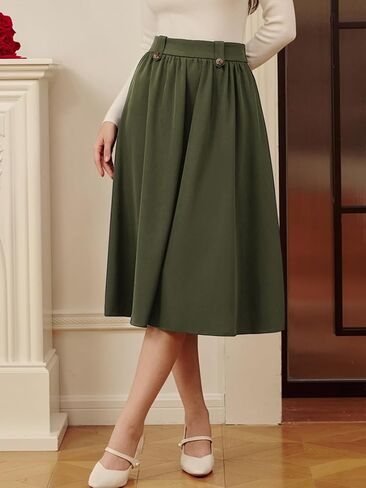 Belle Poque Women Vintage A Line Midi Skirt High Flastic Percted Swing Skirt مع جيوب للعمل المكتبي in Saudi Arabia