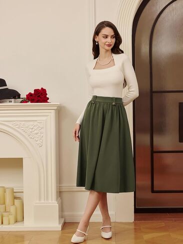 Belle Poque Women Vintage A Line Midi Skirt High Flastic Percted Swing Skirt مع جيوب للعمل المكتبي in Saudi Arabia