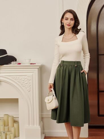 Belle Poque Women Vintage A Line Midi Skirt High Flastic Percted Swing Skirt مع جيوب للعمل المكتبي in Saudi Arabia