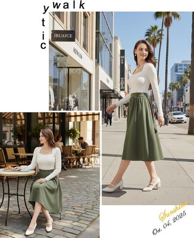 Belle Poque Women Vintage A Line Midi Skirt High Flastic Percted Swing Skirt مع جيوب للعمل المكتبي in Saudi Arabia