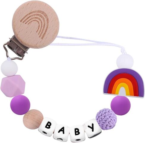 Rainbow Pacifier Chain, Rainbow Pacifier Clip Gift for Baptism or Birth, Newborn with Silicone Letter (Purple) in Saudi Arabia