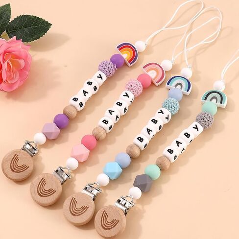 Rainbow Pacifier Chain, Rainbow Pacifier Clip Gift for Baptism or Birth, Newborn with Silicone Letter (Purple) in Saudi Arabia