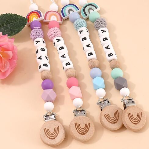 Rainbow Pacifier Chain, Rainbow Pacifier Clip Gift for Baptism or Birth, Newborn with Silicone Letter (Purple) in Saudi Arabia
