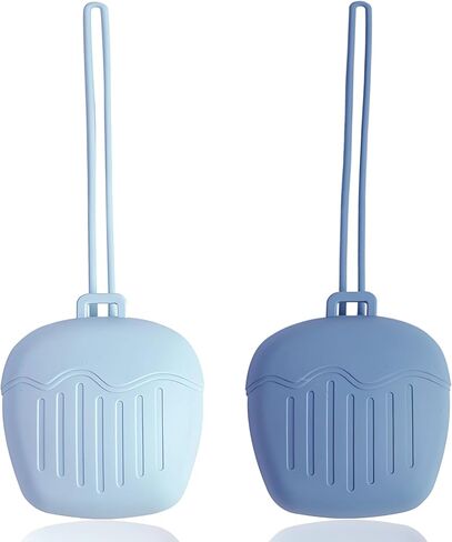 Silicone Pacifier Holder Case - Leak-Proof & Portable Baby Pacifier Storage Carrying case with Leash, BPA-Free, for Boys Girls Toddlers (2-Pack Apple Shape, Blue/Grey Blue) in Saudi Arabia