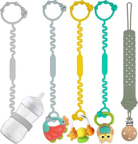 Silicone Baby Toy & Bottle Strap Set – Includes 1 Universal Bottle Strap, 3 Adjustable Toy Straps, &1 Pacifier Clip (Teal Green+Orange+Blue+Gray Bottle Strap+Gray Pacifier Clip) in Saudi Arabia