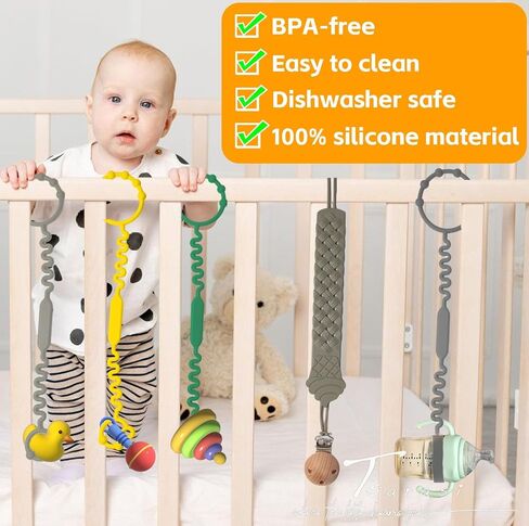 Silicone Baby Toy & Bottle Strap Set – Includes 1 Universal Bottle Strap, 3 Adjustable Toy Straps, &1 Pacifier Clip (Teal Green+Orange+Blue+Gray Bottle Strap+Gray Pacifier Clip) in Saudi Arabia