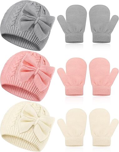 SATINIOR 3 Set Toddler Hat Glove Set, Kids Winter Hats Warm Knitted Beanie Mittens Gloves with Bow for Baby Girls Boys 0-6Y in Saudi Arabia