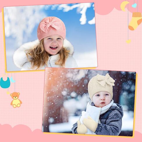 SATINIOR 3 Set Toddler Hat Glove Set, Kids Winter Hats Warm Knitted Beanie Mittens Gloves with Bow for Baby Girls Boys 0-6Y in Saudi Arabia