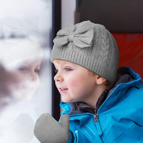 SATINIOR 3 Set Toddler Hat Glove Set, Kids Winter Hats Warm Knitted Beanie Mittens Gloves with Bow for Baby Girls Boys 0-6Y in Saudi Arabia