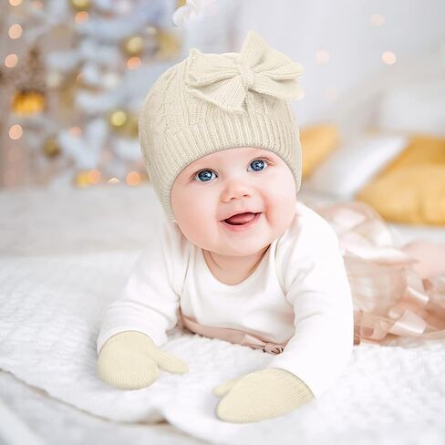 SATINIOR 3 Set Toddler Hat Glove Set, Kids Winter Hats Warm Knitted Beanie Mittens Gloves with Bow for Baby Girls Boys 0-6Y in Saudi Arabia
