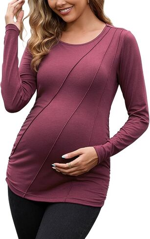 DEBELLY Maternity Long Sleeve Shirt Pleated Crew Neck Pregnancy Top for Women Side Ruched Work Lounge in Saudi Arabia