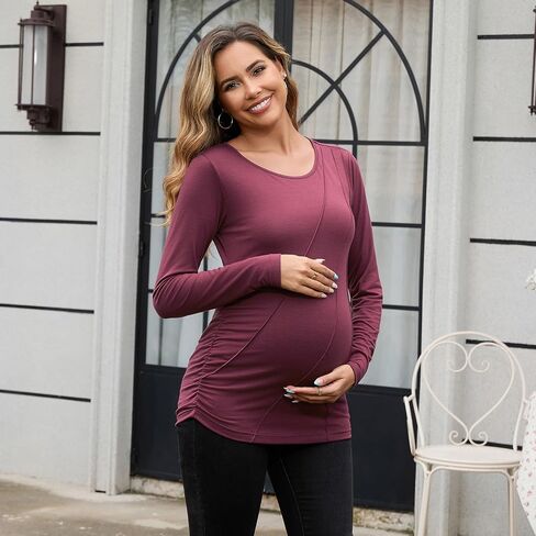 DEBELLY Maternity Long Sleeve Shirt Pleated Crew Neck Pregnancy Top for Women Side Ruched Work Lounge in Saudi Arabia