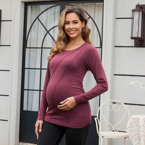 DEBELLY Maternity Long Sleeve Shirt Pleated Crew Neck Pregnancy Top for Women Side Ruched Work Lounge in Saudi Arabia