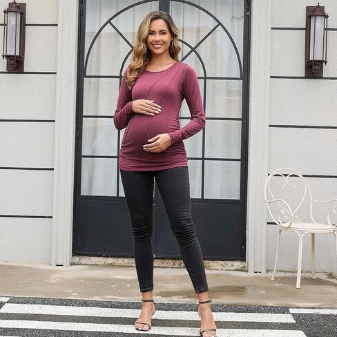 DEBELLY Maternity Long Sleeve Shirt Pleated Crew Neck Pregnancy Top for Women Side Ruched Work Lounge in Saudi Arabia