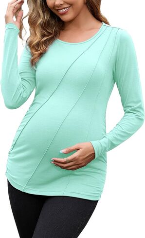 DEBELLY Maternity Long Sleeve Shirt Pleated Crew Neck Pregnancy Top for Women Side Ruched Work Lounge in Saudi Arabia