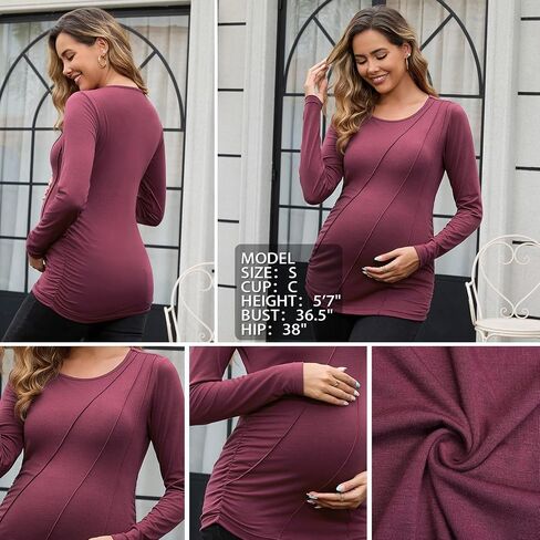 DEBELLY Maternity Long Sleeve Shirt Pleated Crew Neck Pregnancy Top for Women Side Ruched Work Lounge in Saudi Arabia