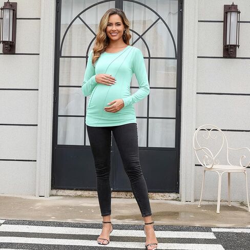 DEBELLY Maternity Long Sleeve Shirt Pleated Crew Neck Pregnancy Top for Women Side Ruched Work Lounge in Saudi Arabia