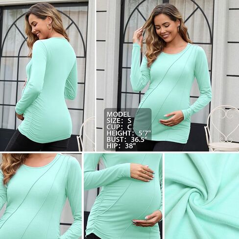 DEBELLY Maternity Long Sleeve Shirt Pleated Crew Neck Pregnancy Top for Women Side Ruched Work Lounge in Saudi Arabia