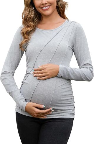 DEBELLY Maternity Long Sleeve Shirt Pleated Crew Neck Pregnancy Top for Women Side Ruched Work Lounge in Saudi Arabia