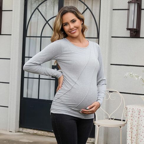 DEBELLY Maternity Long Sleeve Shirt Pleated Crew Neck Pregnancy Top for Women Side Ruched Work Lounge in Saudi Arabia