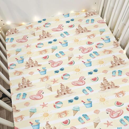 Summer Beach Seaside Baby Crib Sheets for Boy Girl 52x28Inch Ice Cream Sand Flamingo Sun Soft Snug Fitted Crib Mattress Cover Boho Travel Vacation Baby Sheet for Standard Crib & Toddler Bed Mattress in Saudi Arabia